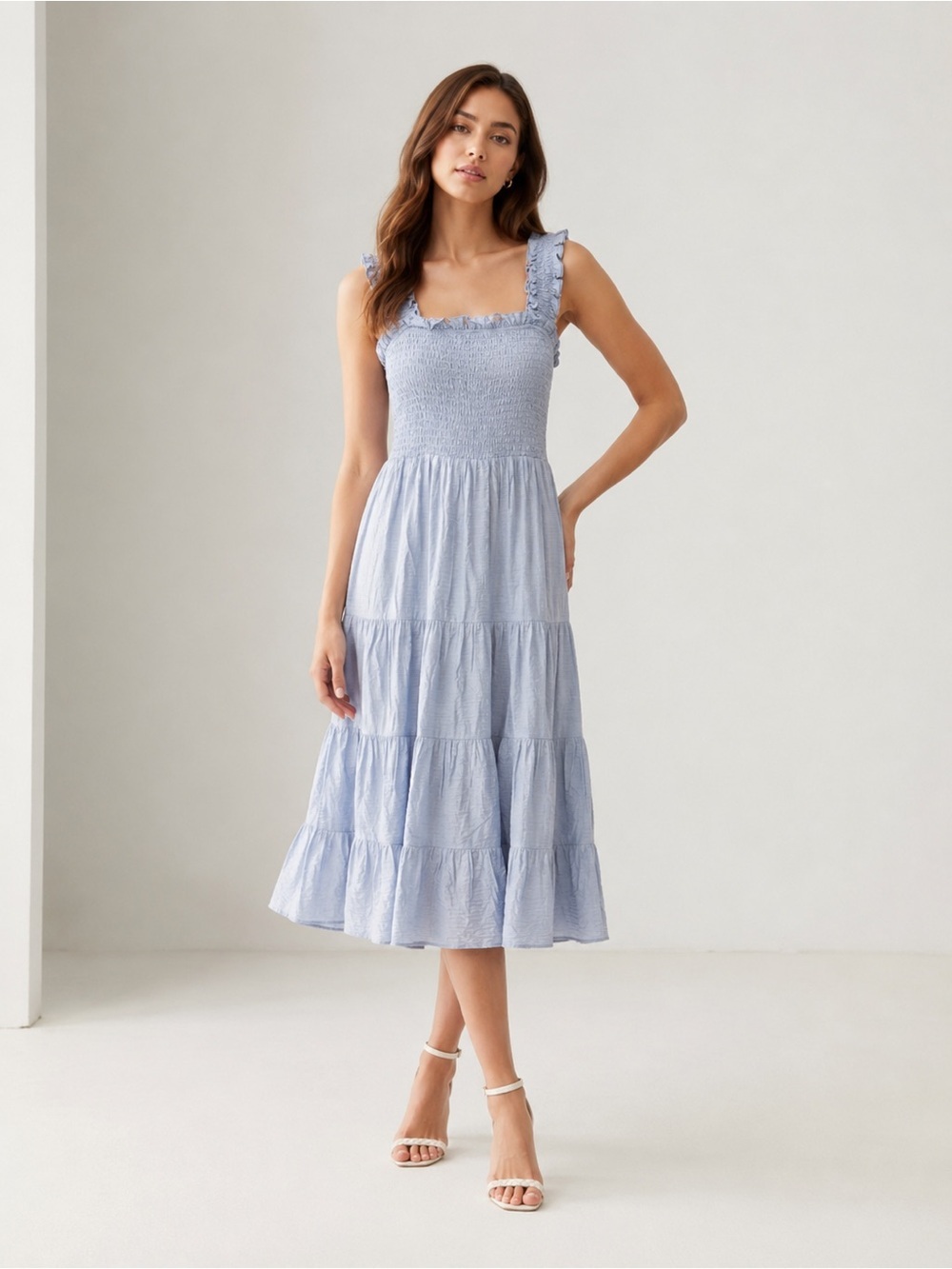 EXPRESS Smocked Tiered Midi Dress in Blue Size M